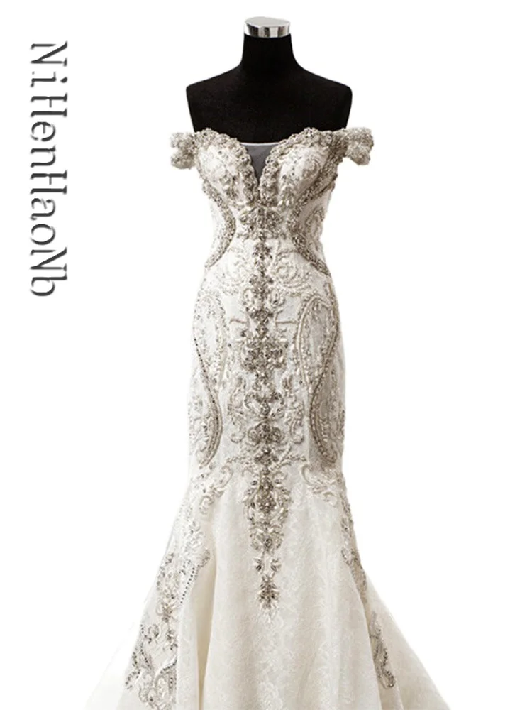 Луксозни сватбени рокли с кристали русалка, сватбени рокли Dubai Vestidos De Новия за поръчка0