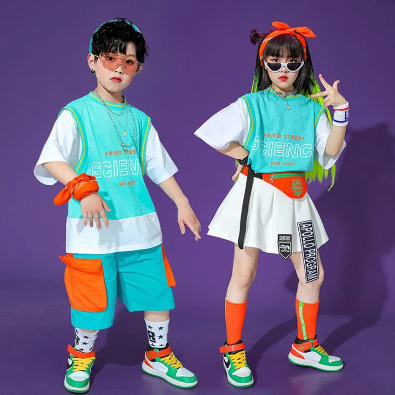 Облекло Костюми Шоу Облекла на мажоретките Детски страхотни костюми за състезателни танци в стил хип-хоп, тениска, къси Панталони, пола за момичетата и момчетата, джаз танци1