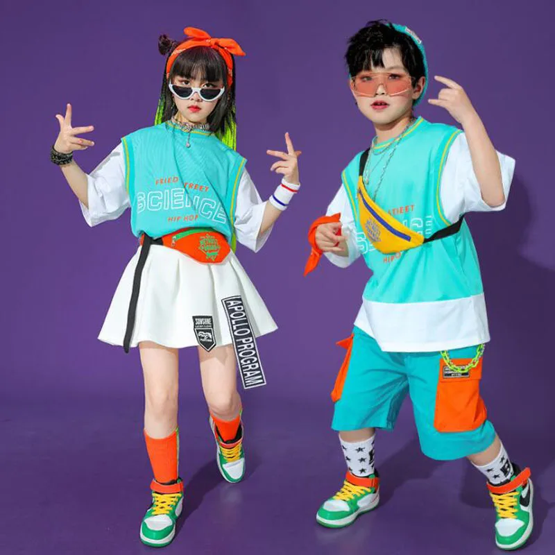 Облекло Костюми Шоу Облекла на мажоретките Детски страхотни костюми за състезателни танци в стил хип-хоп, тениска, къси Панталони, пола за момичетата и момчетата, джаз танци3