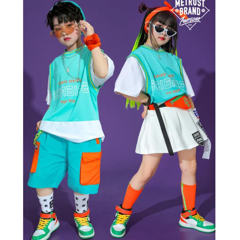 Облекло Костюми Шоу Облекла на мажоретките Детски страхотни костюми за състезателни танци в стил хип-хоп, тениска, къси Панталони, пола за момичетата и момчетата, джаз танци5