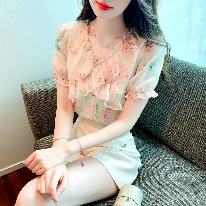 Лятна Корея новост, V-образно деколте, Скъпа шифоновая блуза с цветен модел, Дамски ежедневни модерна риза0