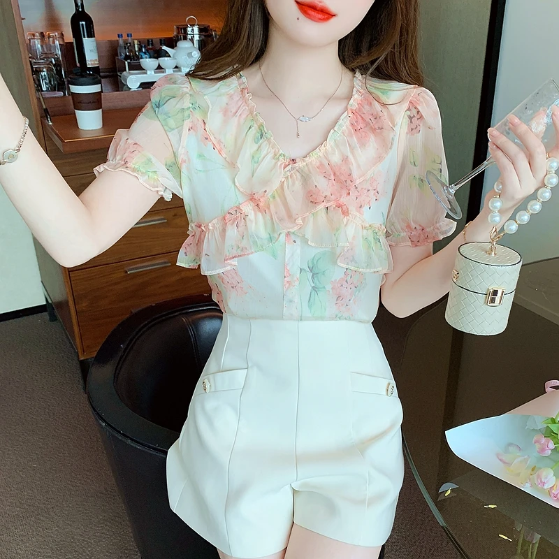 Лятна Корея новост, V-образно деколте, Скъпа шифоновая блуза с цветен модел, Дамски ежедневни модерна риза1