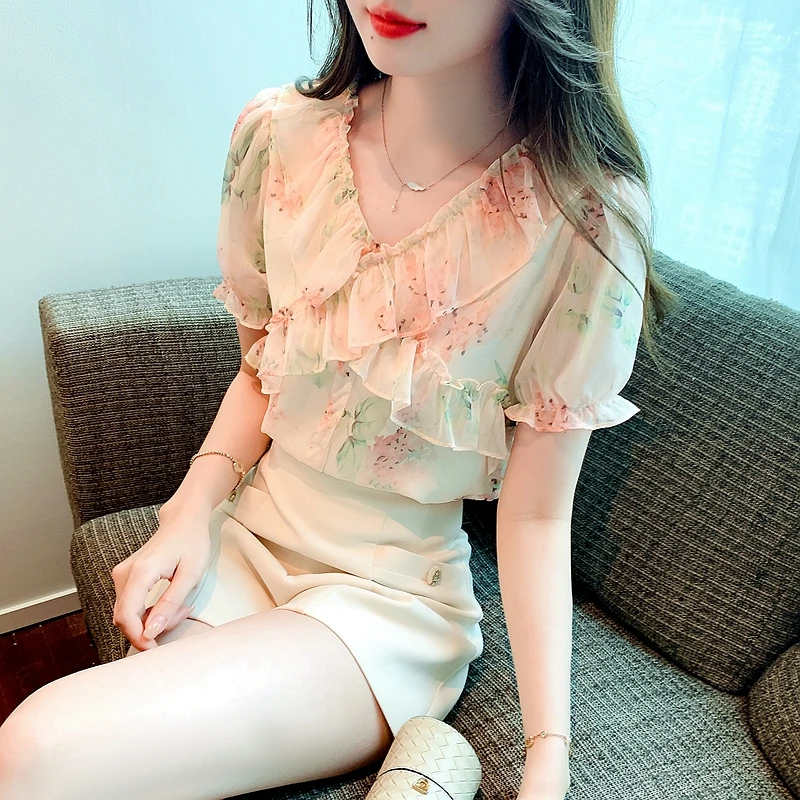 Лятна Корея новост, V-образно деколте, Скъпа шифоновая блуза с цветен модел, Дамски ежедневни модерна риза3