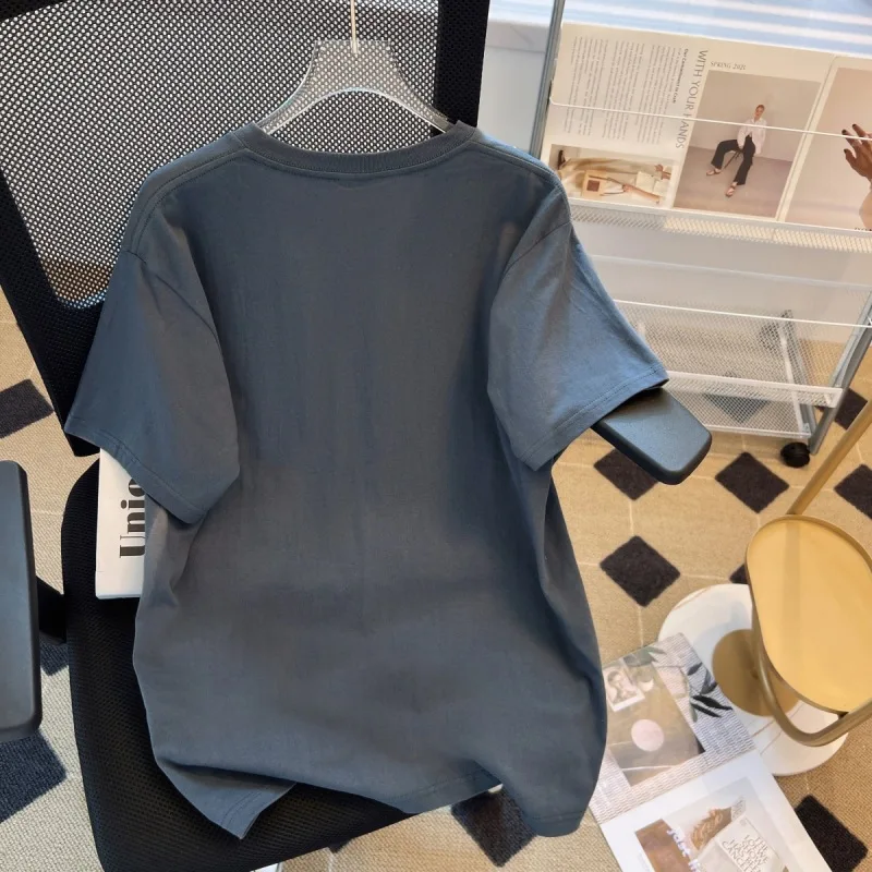 2023 Модерна Лятна Дамска сива тениска с кръгло деколте, Свободни дамски блузи, скъпа ежедневни дрехи с къс ръкав, Дамски SJ0181