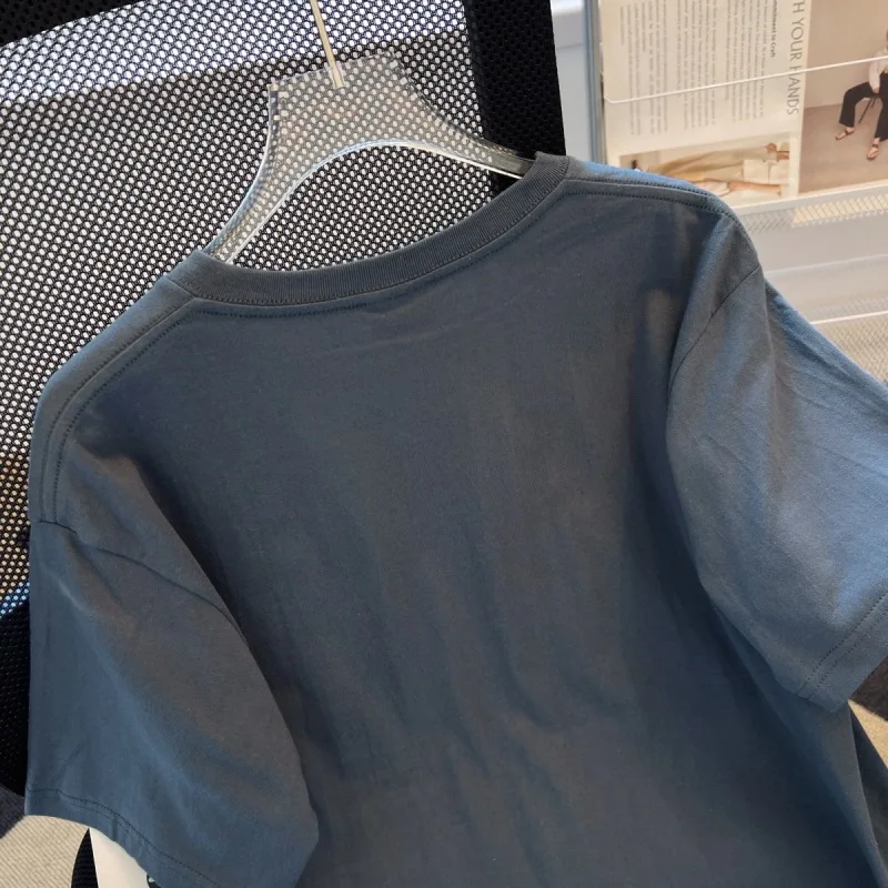 2023 Модерна Лятна Дамска сива тениска с кръгло деколте, Свободни дамски блузи, скъпа ежедневни дрехи с къс ръкав, Дамски SJ0183