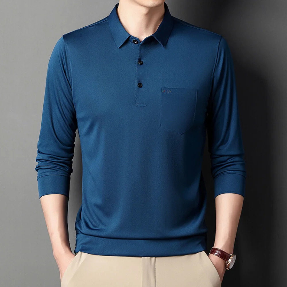 2023 Нова мъжка риза с къси ръкави, Модерен бизнес однотонная Поло риза с дълъг ръкав, Всекидневни оборудвана мъжки топ3