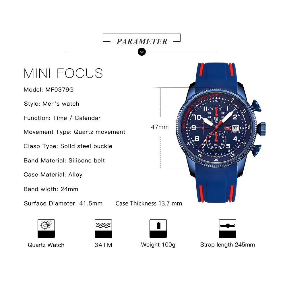 MINIFOCUS, най-добрата марка за Луксозни Мъжки кварцови часовници, Модерен Бизнес Водоустойчив Многофункционален мъжки часовници, Силиконов каучук, спортен Хронограф5