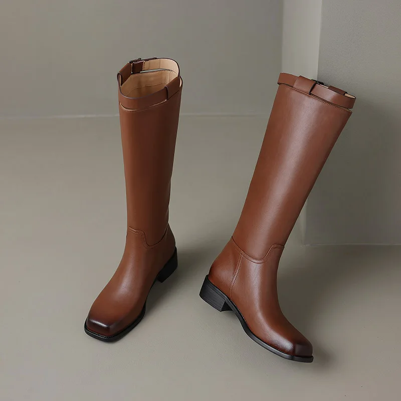 Phoentin/големи размери 48, ботуши за езда в стил ретро, Дамски улични ботуши до коляното с квадратни пръсти, Дълги обувки на среден ток, зимни обувки FT26673