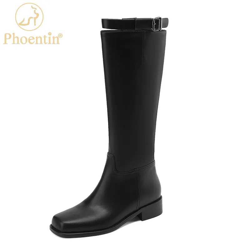Phoentin/големи размери 48, ботуши за езда в стил ретро, Дамски улични ботуши до коляното с квадратни пръсти, Дълги обувки на среден ток, зимни обувки FT26674