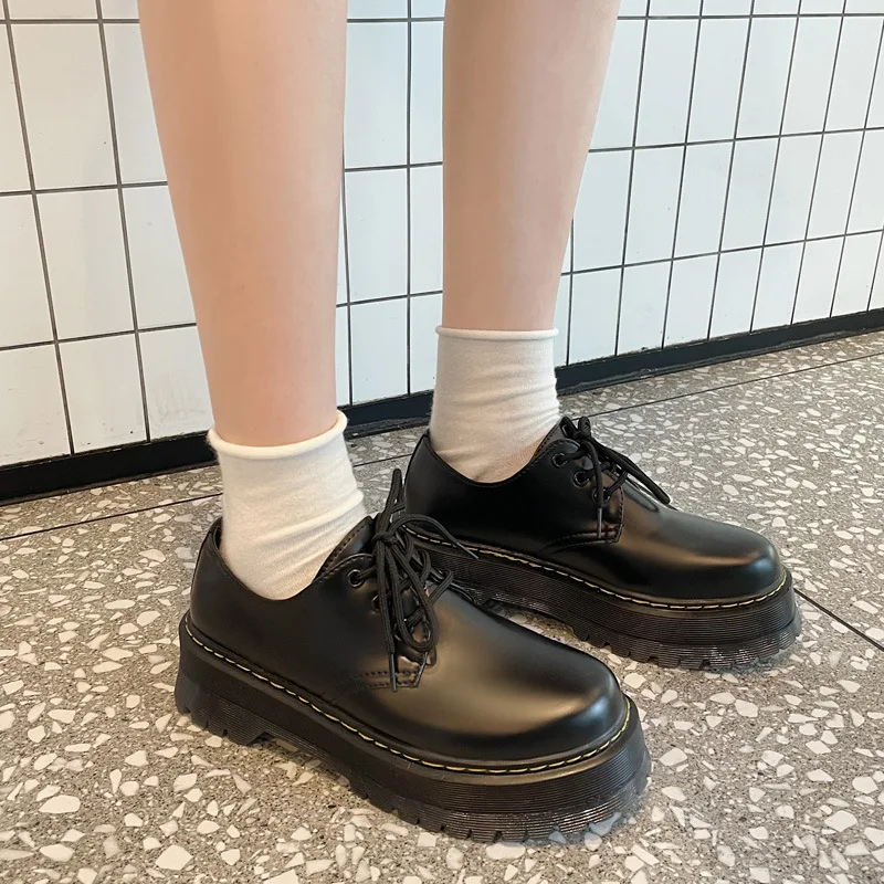 2023 Дамски пролетно-есенни универсални кожени обувки в стил Ретро на дебела подметка в Ретро стил, гумени подложки, тънка подметка за студентски единични обувки0