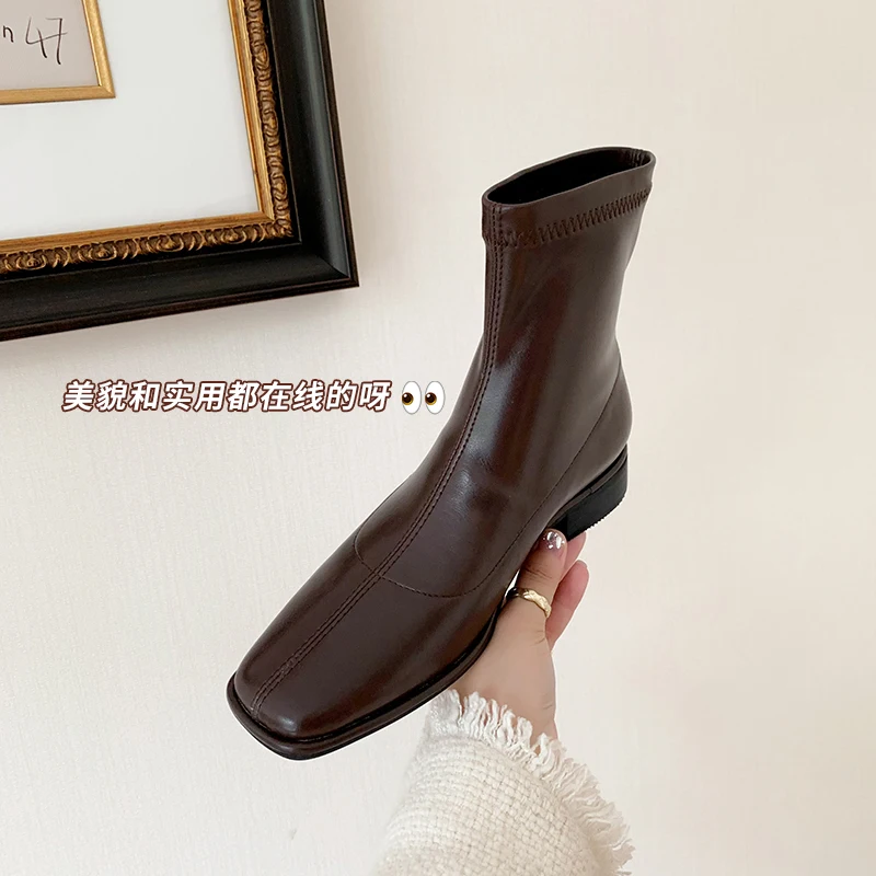 2023 нови есенно-зимни дамски ботильоны от естествена кожа 22-25 см, еластична микрофибър + еластични обувки от свинска кожа, модерни обувки с квадратни пръсти0