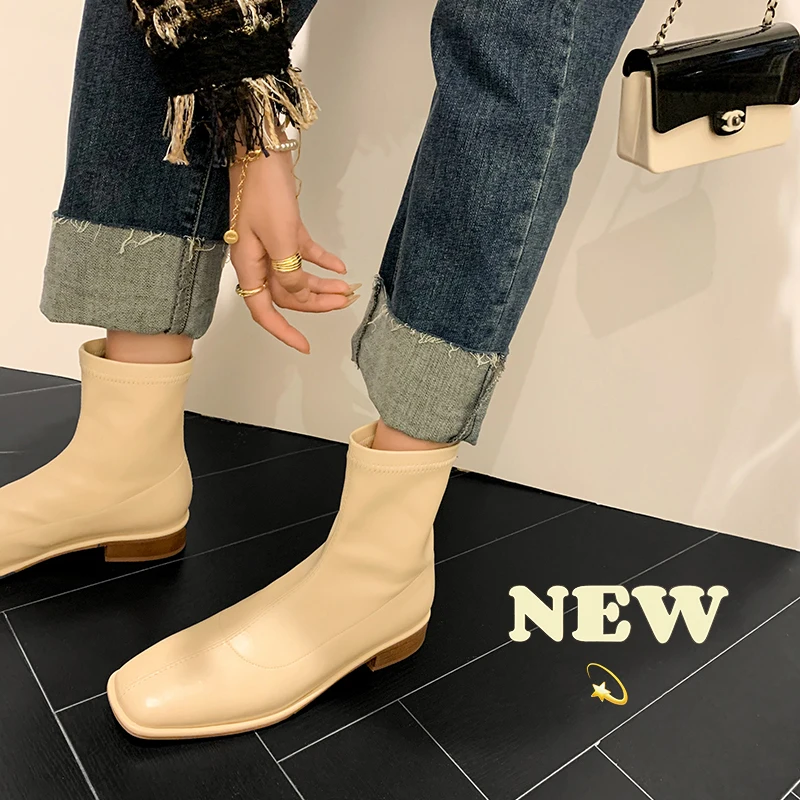 2023 нови есенно-зимни дамски ботильоны от естествена кожа 22-25 см, еластична микрофибър + еластични обувки от свинска кожа, модерни обувки с квадратни пръсти3
