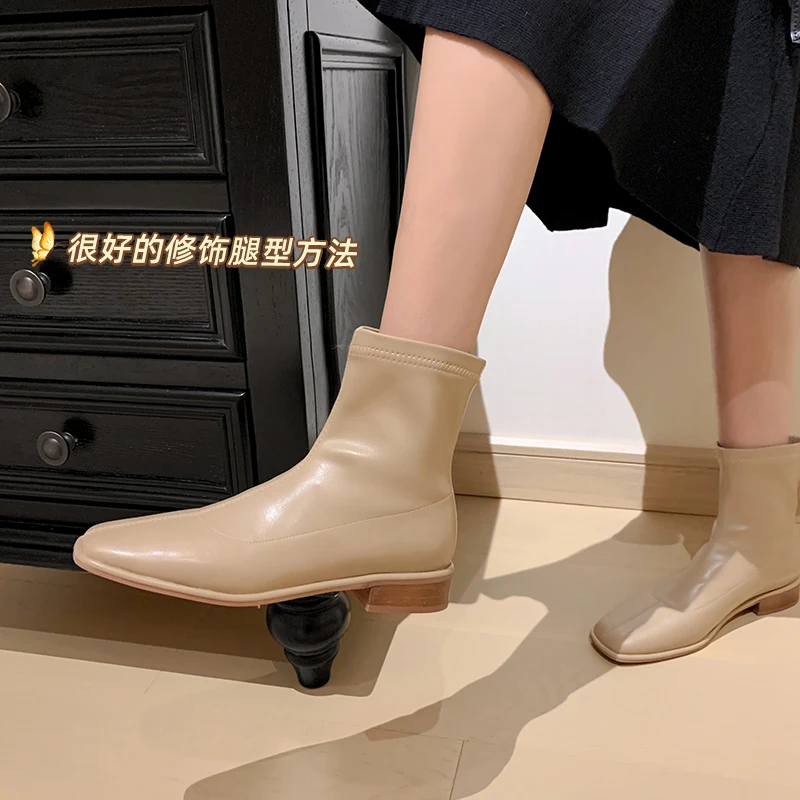 2023 нови есенно-зимни дамски ботильоны от естествена кожа 22-25 см, еластична микрофибър + еластични обувки от свинска кожа, модерни обувки с квадратни пръсти5
