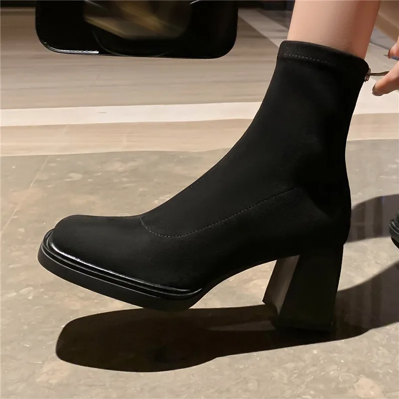 Сред КУПУВАЧИТЕ 2024 г. Новият хит на продажбите ботильоны от флока на мълния, есенно-зимните обувки на дебелите високи токчета, дамски обувки на платформа с квадратни пръсти4
