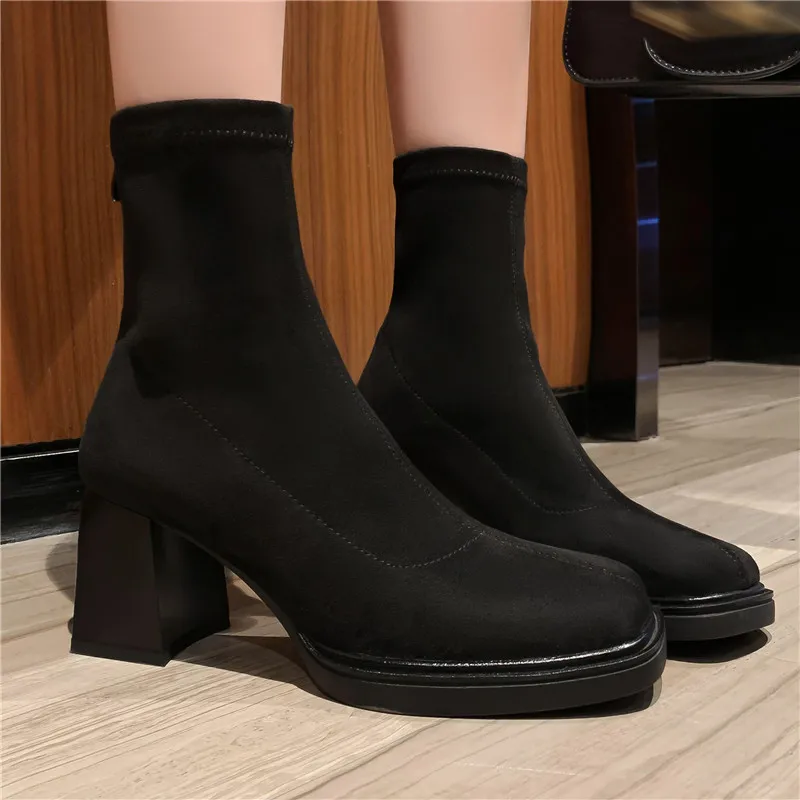 Сред КУПУВАЧИТЕ 2024 г. Новият хит на продажбите ботильоны от флока на мълния, есенно-зимните обувки на дебелите високи токчета, дамски обувки на платформа с квадратни пръсти5