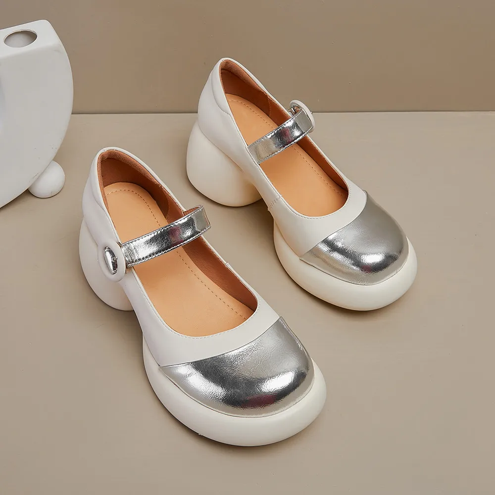 Aucegi 2023, Нови Дизайнерски дамски обувки-лодка Mary Jane, Модни цветни обувки на малкия дебел ток с каишка и катарама, Елегантни обувки с кръгло бомбе3