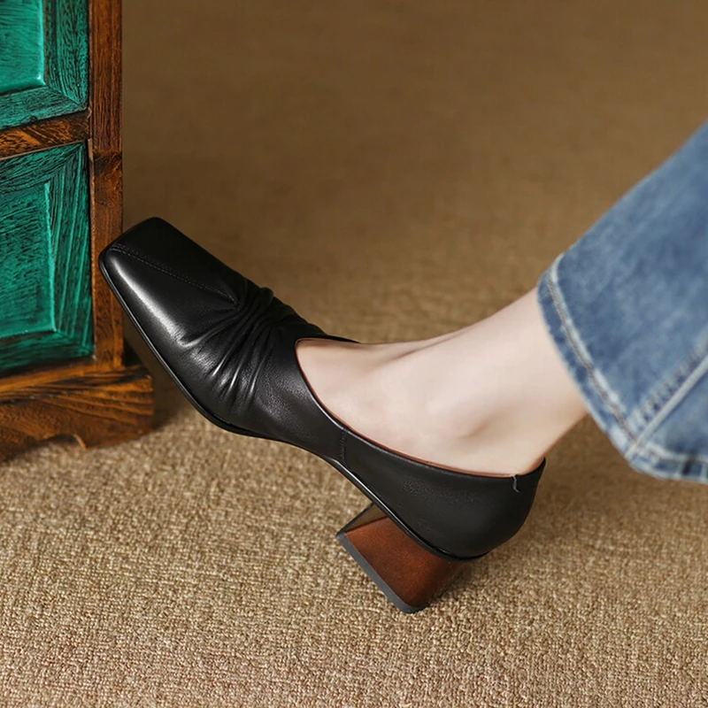 Новата Пролетно Дамски обувки От естествена кожа, Лоферы С Квадратни пръсти на масивна Ток, Обикновен женски обувки-лодка на Висок Ток, Проста дамски Обувки1