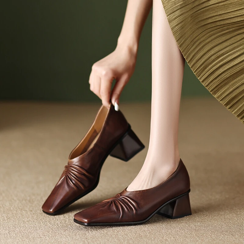 Новата Пролетно Дамски обувки От естествена кожа, Лоферы С Квадратни пръсти на масивна Ток, Обикновен женски обувки-лодка на Висок Ток, Проста дамски Обувки2