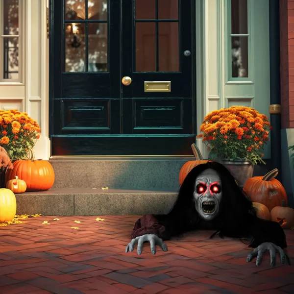 Украса за Хелоуин Зомби-разрушител, анимирани с червени led мигащи очи и зловещ звук за Хелоуин на открито на тревата в двора2