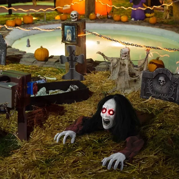 Украса за Хелоуин Зомби-разрушител, анимирани с червени led мигащи очи и зловещ звук за Хелоуин на открито на тревата в двора5