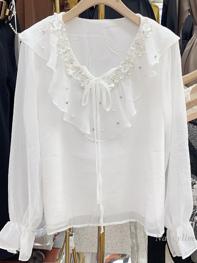 Корейски стил, началото на есента, Мъниста, Кристали, Шифоновая тениска с V-образно деколте Дамски универсална бяла блуза с дълъг расклешенным ръкав, топ0