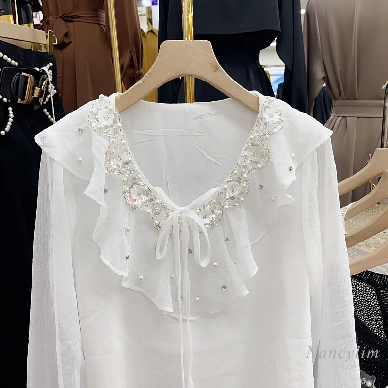 Корейски стил, началото на есента, Мъниста, Кристали, Шифоновая тениска с V-образно деколте Дамски универсална бяла блуза с дълъг расклешенным ръкав, топ1