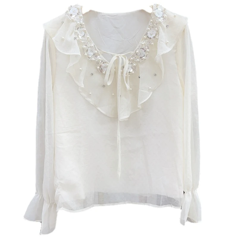 Корейски стил, началото на есента, Мъниста, Кристали, Шифоновая тениска с V-образно деколте Дамски универсална бяла блуза с дълъг расклешенным ръкав, топ4