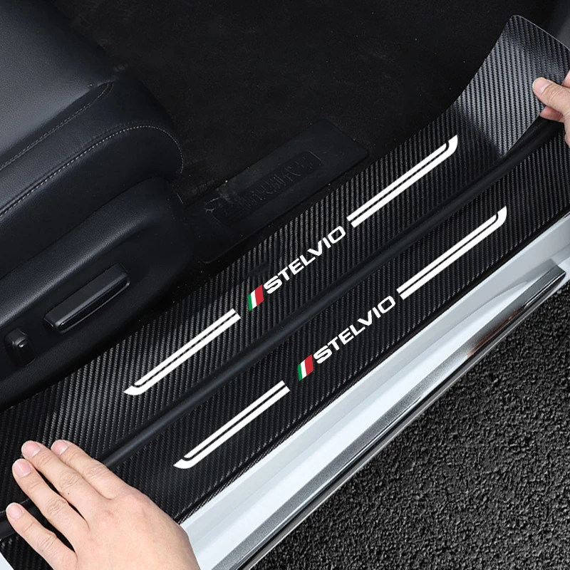 Тампон на прага на колата, защитни етикети на праг от въглеродни влакна за Alfa Romeo, лого STELVIO, защита на въртене на педалите на вратата на багажника0