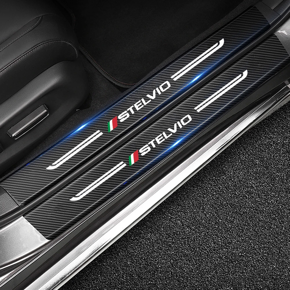Тампон на прага на колата, защитни етикети на праг от въглеродни влакна за Alfa Romeo, лого STELVIO, защита на въртене на педалите на вратата на багажника1