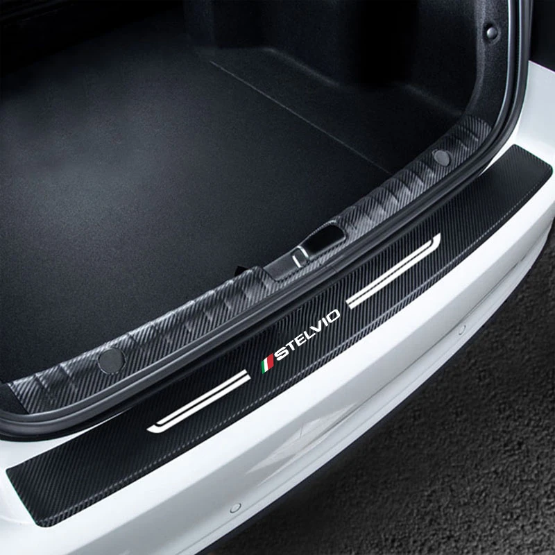 Тампон на прага на колата, защитни етикети на праг от въглеродни влакна за Alfa Romeo, лого STELVIO, защита на въртене на педалите на вратата на багажника2