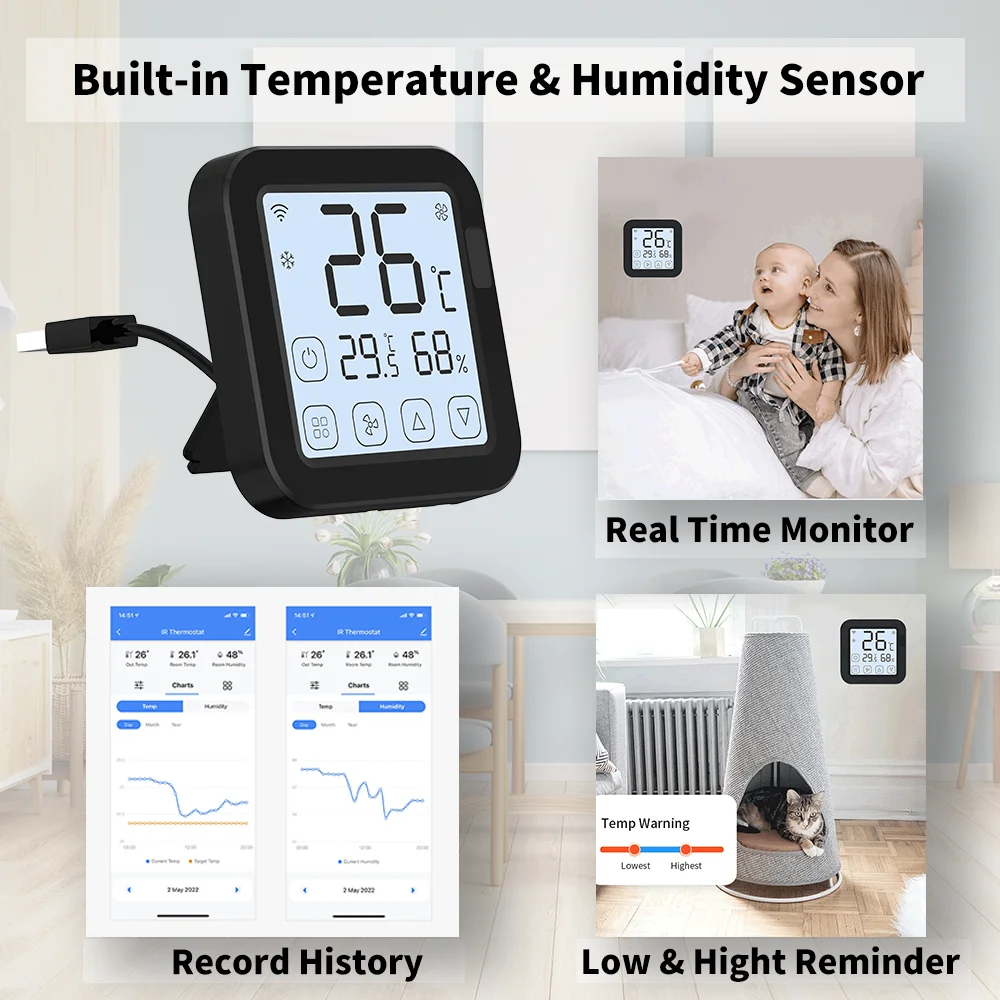 Термостат ac Sasha WiFi Универсално дистанционно управление за Smart Life Термостат температура на живот Вграден сензор за температура и влажност на въздуха2