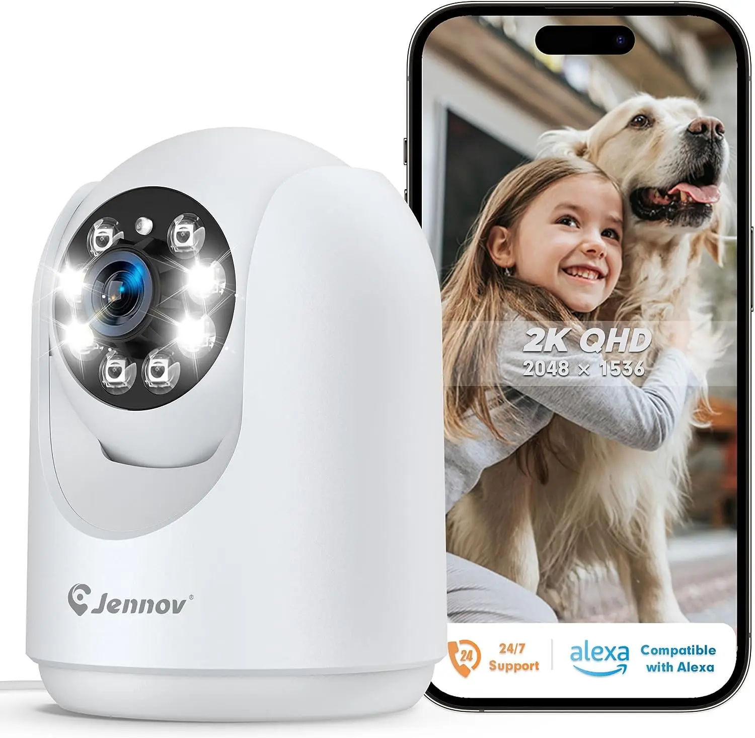 Безжична камера Einnov 2K Security WiFi Pan & Tilt за дома, дете/домашен любимец, 2.4 Ghz, Автоматично проследяване, Детекция на движение, Цвят на нощ0