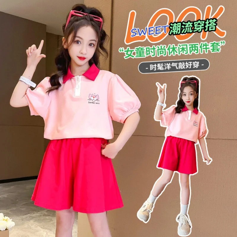 Летен комплект дрехи за момичета с къс ръкав + шорти, 2 броя, всекидневен костюм в корейски стил колеж, бебешки дрехи за юноши от 4 до 16 години1