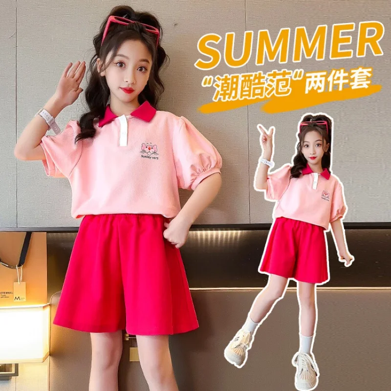 Летен комплект дрехи за момичета с къс ръкав + шорти, 2 броя, всекидневен костюм в корейски стил колеж, бебешки дрехи за юноши от 4 до 16 години2