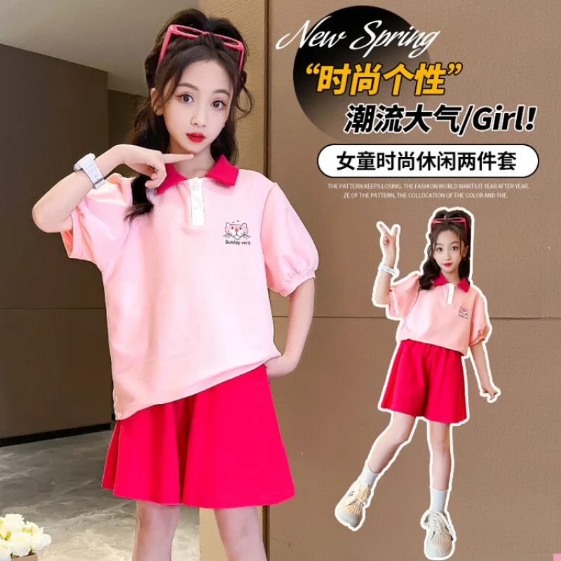 Летен комплект дрехи за момичета с къс ръкав + шорти, 2 броя, всекидневен костюм в корейски стил колеж, бебешки дрехи за юноши от 4 до 16 години3