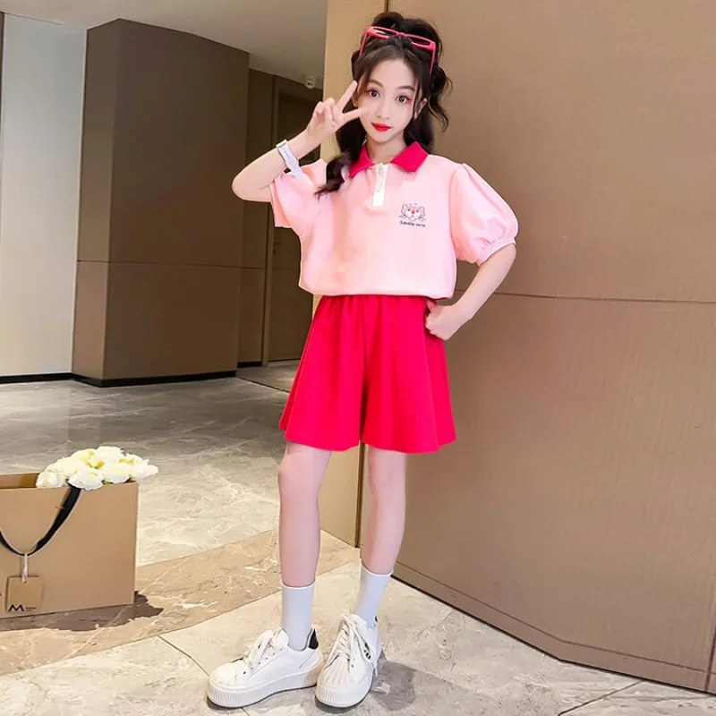 Летен комплект дрехи за момичета с къс ръкав + шорти, 2 броя, всекидневен костюм в корейски стил колеж, бебешки дрехи за юноши от 4 до 16 години4