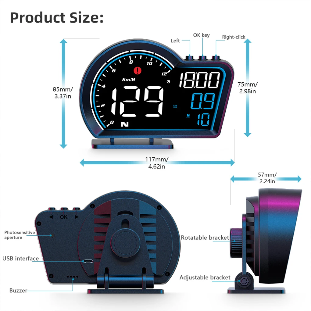 Дигитален автомобилен скоростомер HUD-автоматична корекция на чувствителността, Мултифункционален дисплей, аларма, USB захранване5