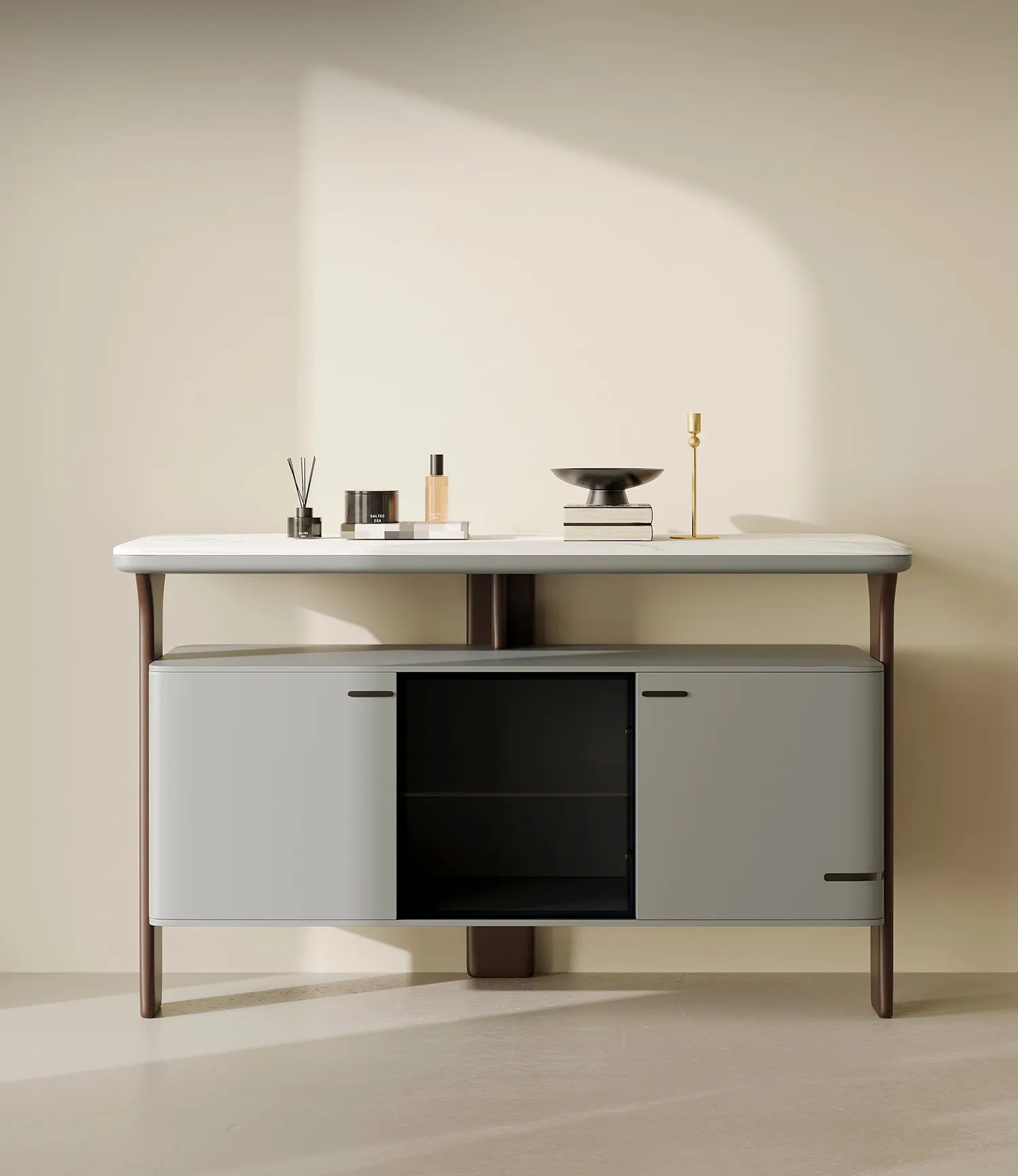 Модерен и минималистичен мрамор шкаф за съхранение на вещи за домашно използване, с висока стена шкаф и маса за странично шкафче0