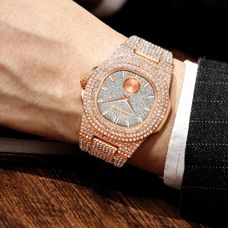 Кварцов часовник PINTIME Мъжки Часовници с Пълна диамантен пръстен в стил Хип-Хоп от Розово Злато, Сребро, Часовници, Мъжки часовници, zegarek meski montre2