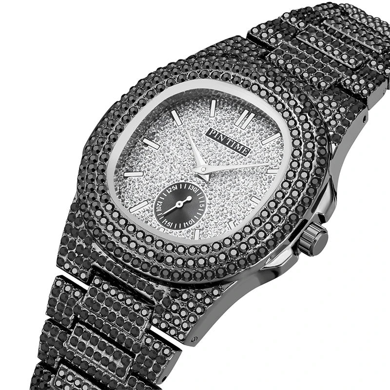 Кварцов часовник PINTIME Мъжки Часовници с Пълна диамантен пръстен в стил Хип-Хоп от Розово Злато, Сребро, Часовници, Мъжки часовници, zegarek meski montre3