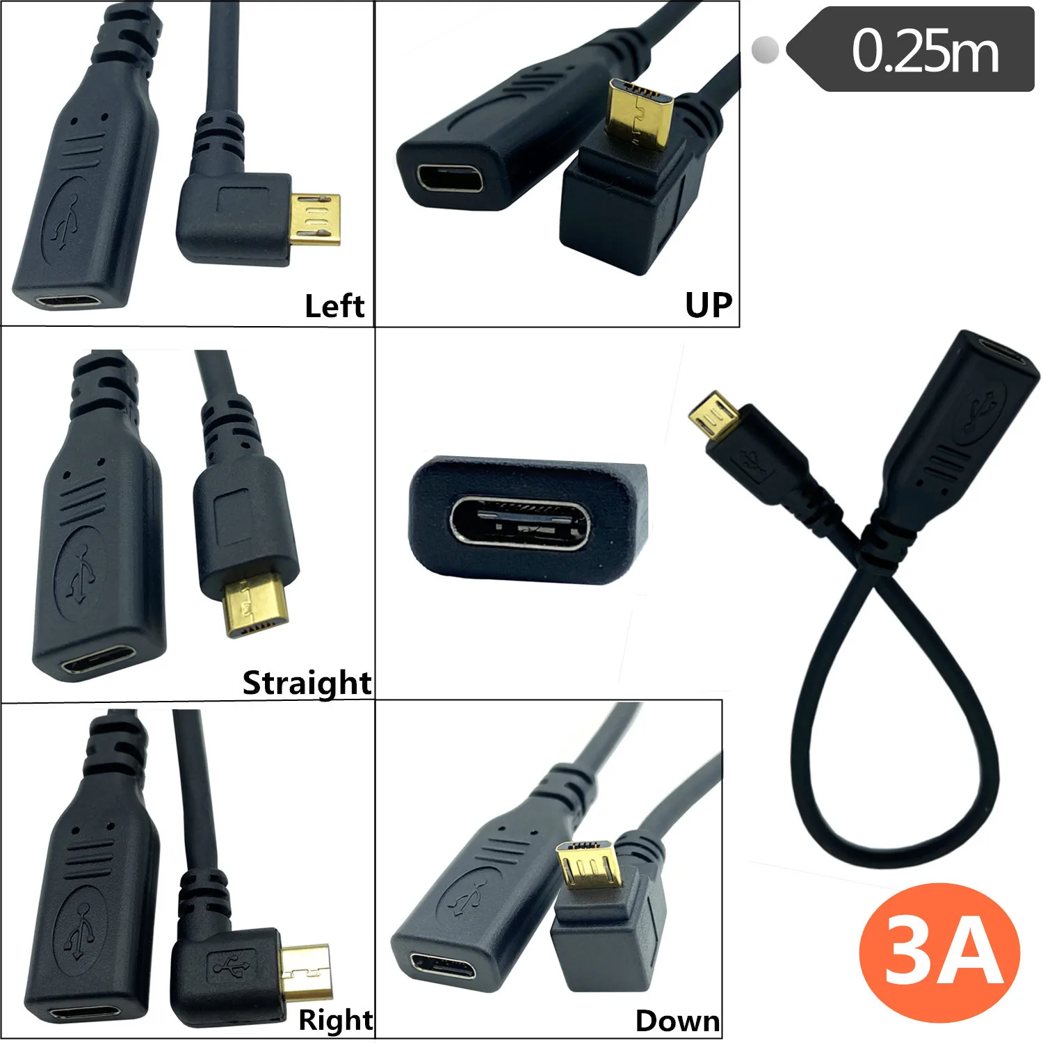 Позлатени Медни кабели 2428 AWG USB 3.1 на C-Bus Type към USB 2.0 Micro НАГОРЕ/Надолу/Наляво/Надясно с вход 25 см За синхронизация на данните0