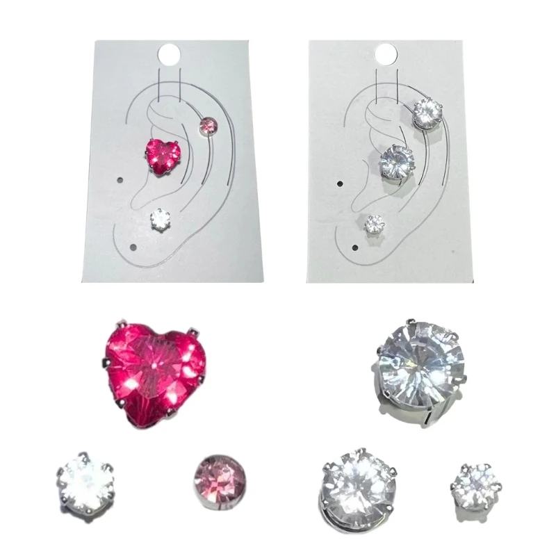 3 бр. Цветни обеци в формата на сърце, Кристали, магнитни скоби, Обици, без пиърсинг, Стилен комплект от обеци4