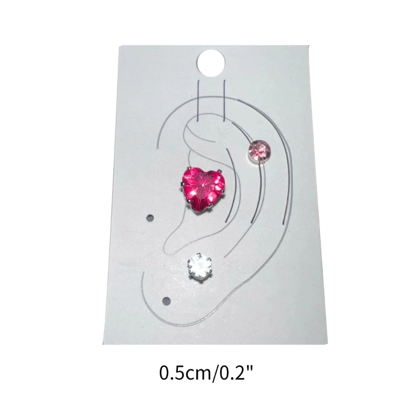 3 бр. Цветни обеци в формата на сърце, Кристали, магнитни скоби, Обици, без пиърсинг, Стилен комплект от обеци5