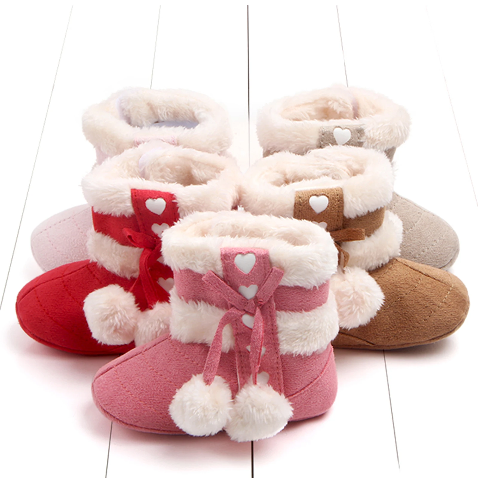 FOCUSNORM 0-18 м, 5 цвята, Зимни обувки за новородени момичета, Плюшени зимни обувки с хубав лък и pom-помераните, Топло детски обувки, за разходки1