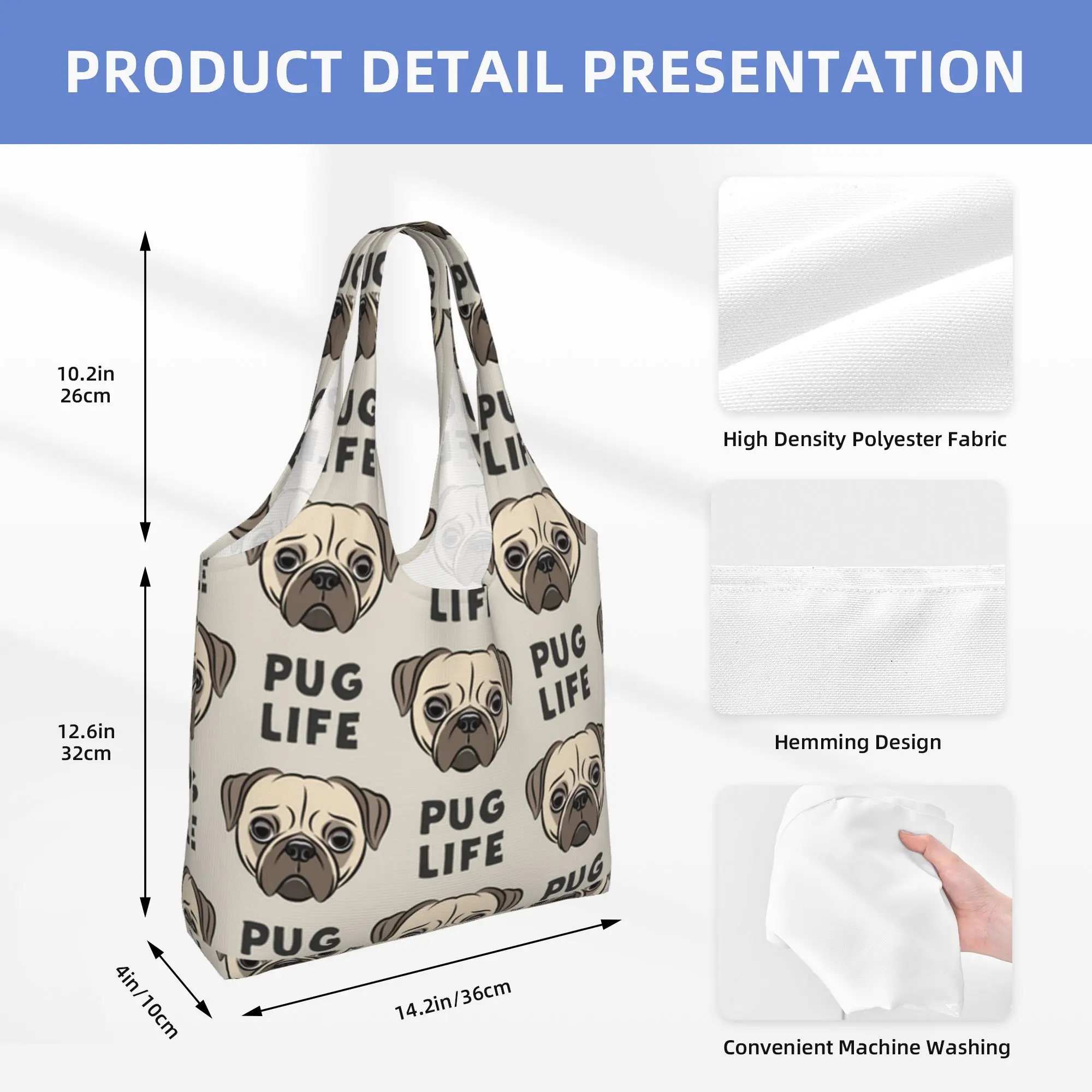 Торби за многократна употреба за пазаруване Pug Life Сгъваема, Моющаяся Чанта за пазаруване с чанта3