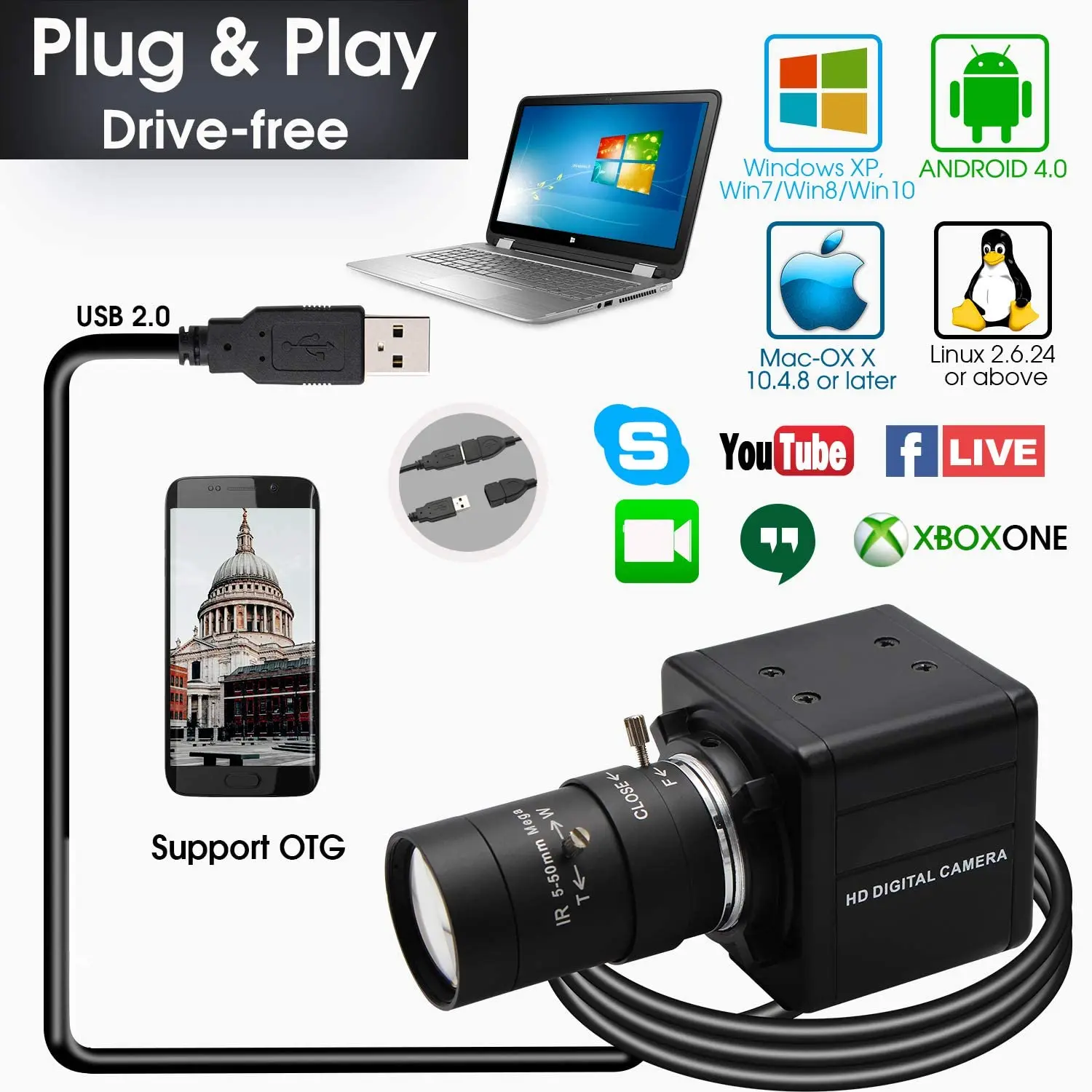 ELP при ниска осветеност 1,3-мегапикселова HD USB-камера, 960P AR0130 30 кадъра в секунда с ръчно варифокальным увеличение Уеб камера за промишлени приложения4