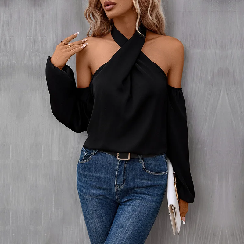 2023 Есенен дамски однотонная риза с дълги ръкави и отворени рамене, дамски секси блуза, черни офис дамски блузи1