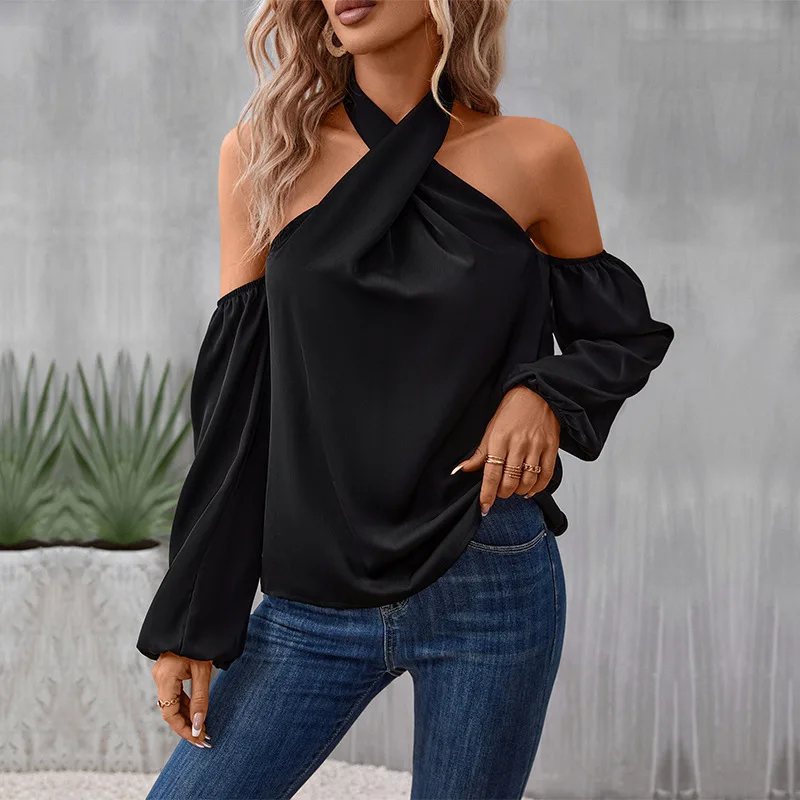 2023 Есенен дамски однотонная риза с дълги ръкави и отворени рамене, дамски секси блуза, черни офис дамски блузи2