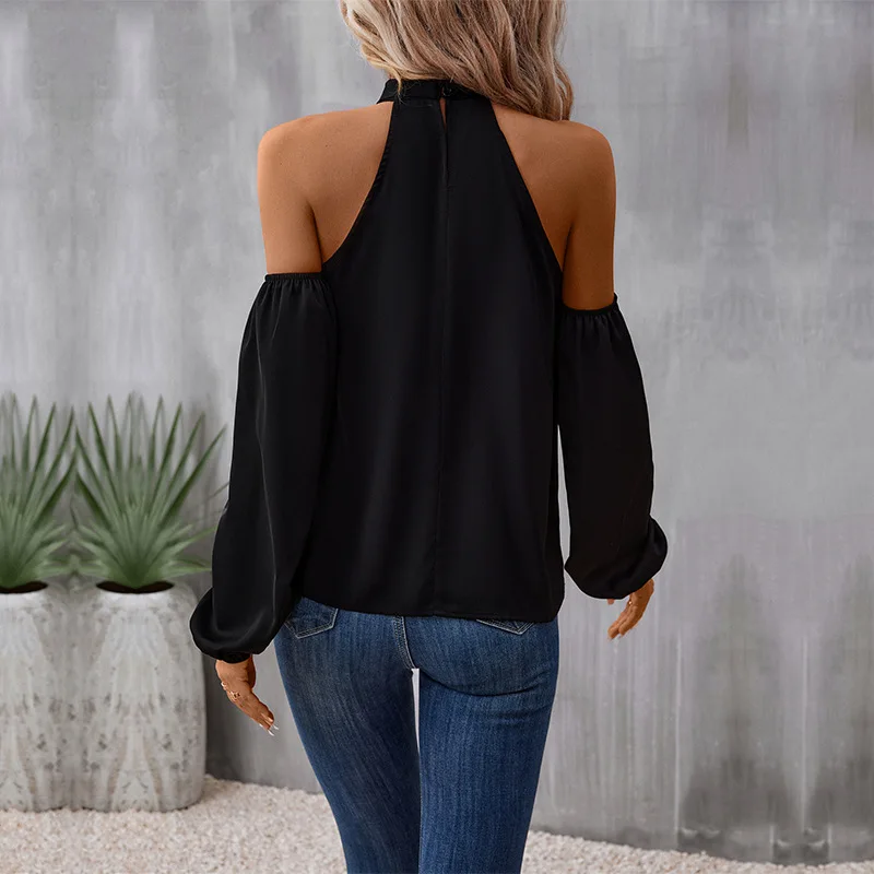 2023 Есенен дамски однотонная риза с дълги ръкави и отворени рамене, дамски секси блуза, черни офис дамски блузи3