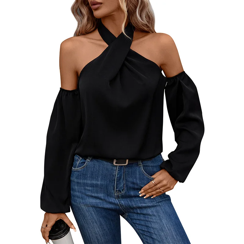 2023 Есенен дамски однотонная риза с дълги ръкави и отворени рамене, дамски секси блуза, черни офис дамски блузи4